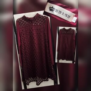 Burgundy Long Sleeve Dress with Sheer Overlay Size Lg